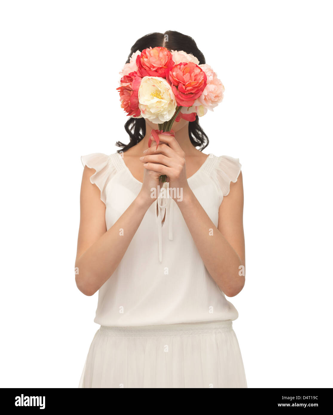 woman holding bouquet of flowers over her face Stock Photo - Alamy