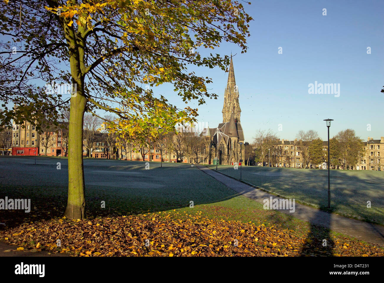 the meadows with church and trees Stock Photo