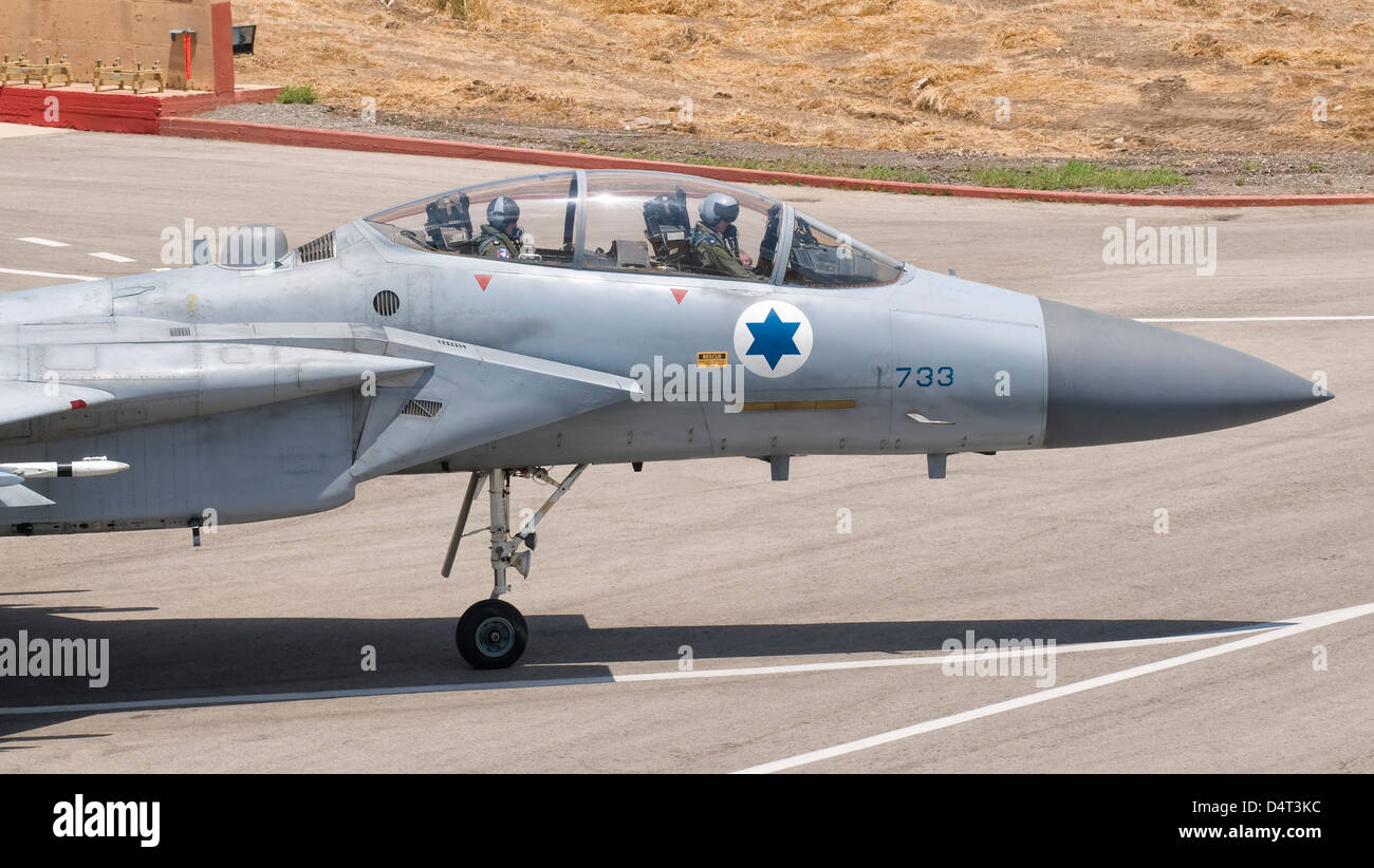 A McDonnell Douglas F-15D Eagle Baz aircraft of the Israeli Air Force, Tel Nof Air Base, Israel. Stock Photo