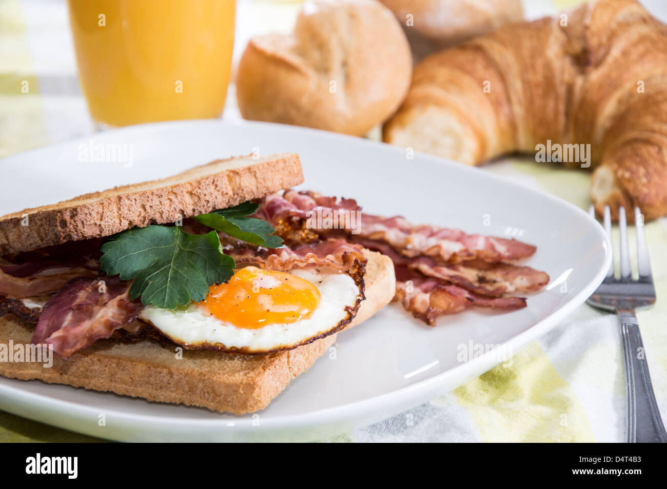 Fried Egg Sandwich with Bacon on a plate Stock Photo