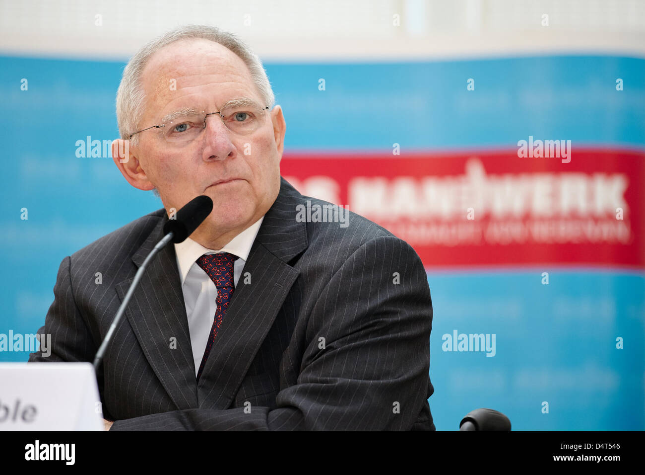 Wolfgang Schaeuble (CDU), Federal Minister of Finance, speaks at the ZDH-Tax Forum 2013 in Berlin./ Berlin, 18 March 2013. Representatives of the Federal Government, the German Parliament, the European Commission and the courts discuss the challenges of fiscal policy in Europe and the focus of tax policy in the 18th Discuss legislative session at The German Confederation of Skilled Crafts ZDH-Tax Forum 2013 on 'More Europe in the tax and fiscal policy?' The speakers are Wolfgang Schaeuble, Federal Minister of Finance, Heinz Zourek, Director General for Taxation and Customs Union of the Europea Stock Photo