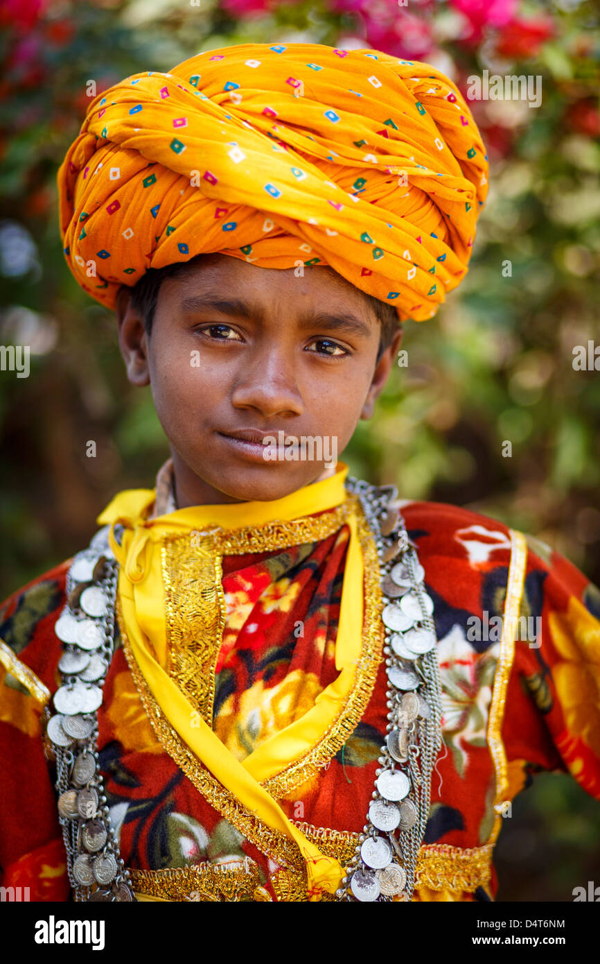 Indian boy in colorful clothes wearing a turban Stock Photo
