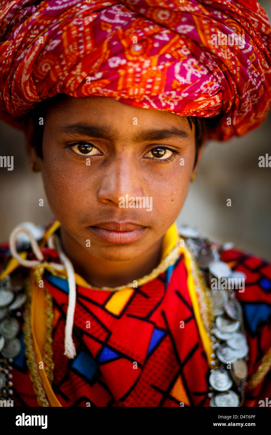 Indian boy in colorful clothes wearing a turban Stock Photo