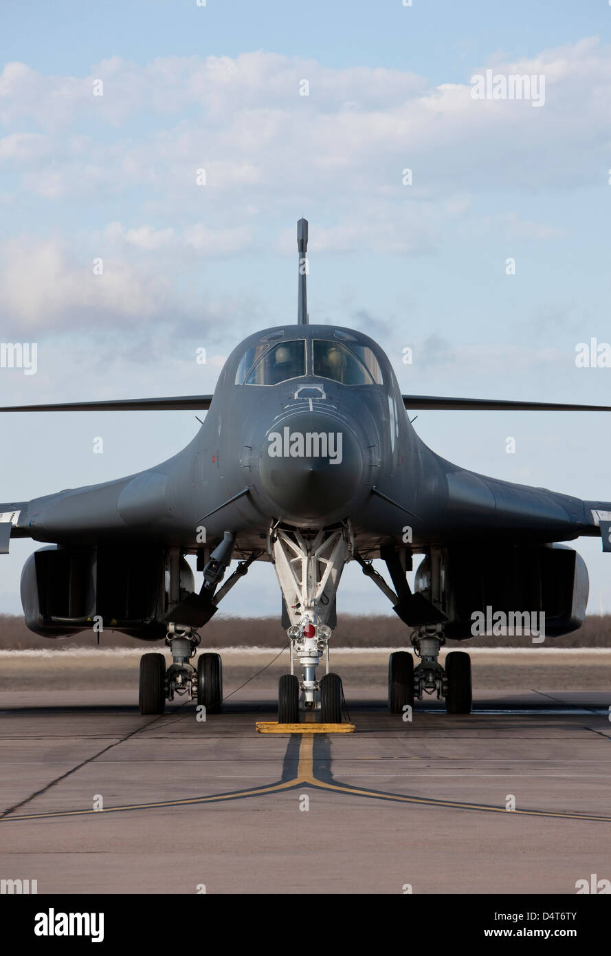 A B-1B Lancer from Dyess Air Force Base, Texas, goes through pre-flight checks before a training mission. Stock Photo