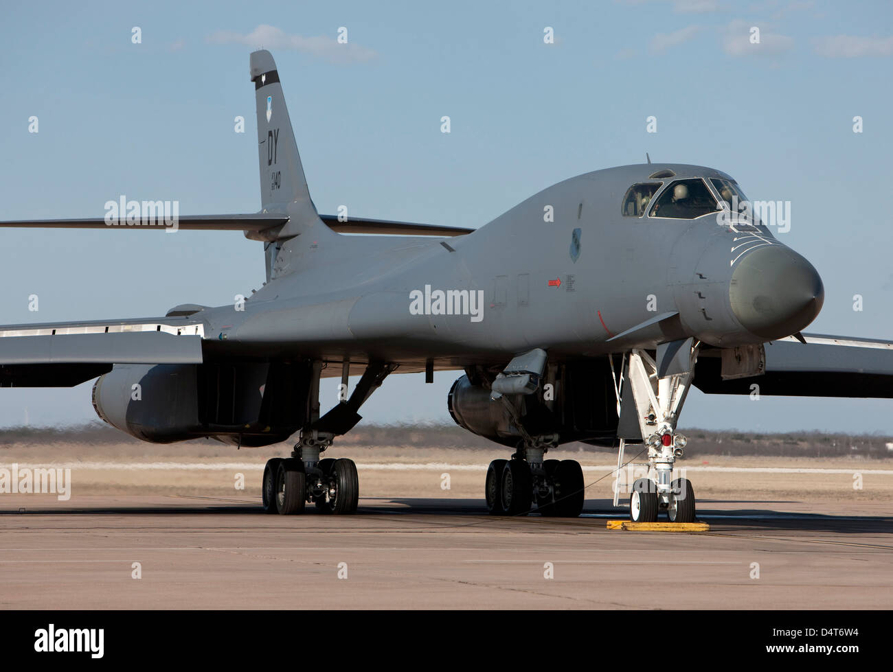 A B-1B Lancer from Dyess Air Force Base, Texas, goes through pre-flight checks before a training mission. Stock Photo