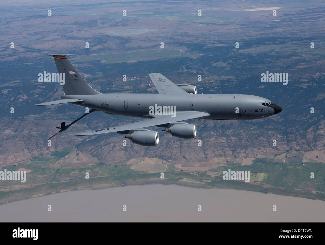 A KC-135R Stratotanker in flight over Central Oregon. Stock Photo