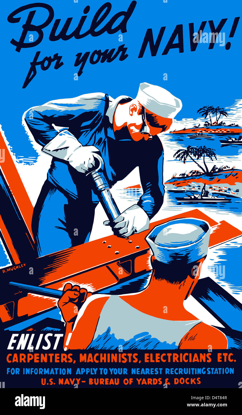 Vintage World War II poster showing two sailors building a ship. Stock Photo