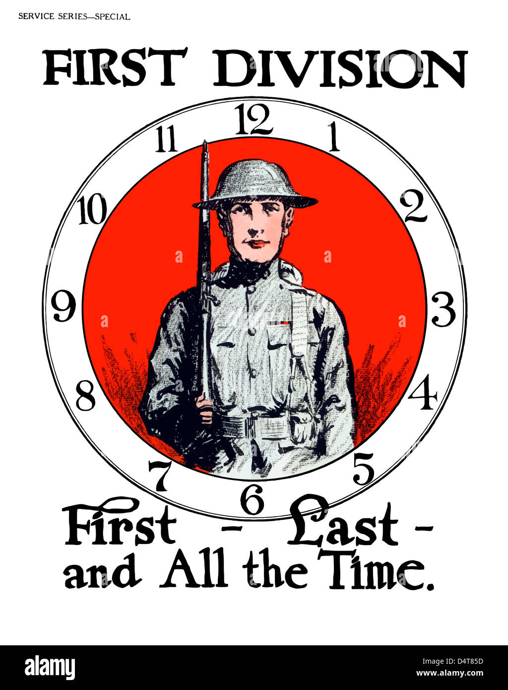 Vintage World War I poster of a soldier standing in the center of a clock. Stock Photo