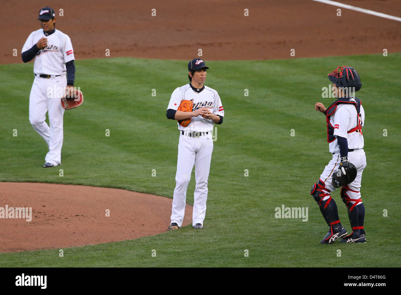 (L to R) Atsunori Inaba (JPN), Kenta Maeda (JPN), Shinnosuke Abe (JPN ...