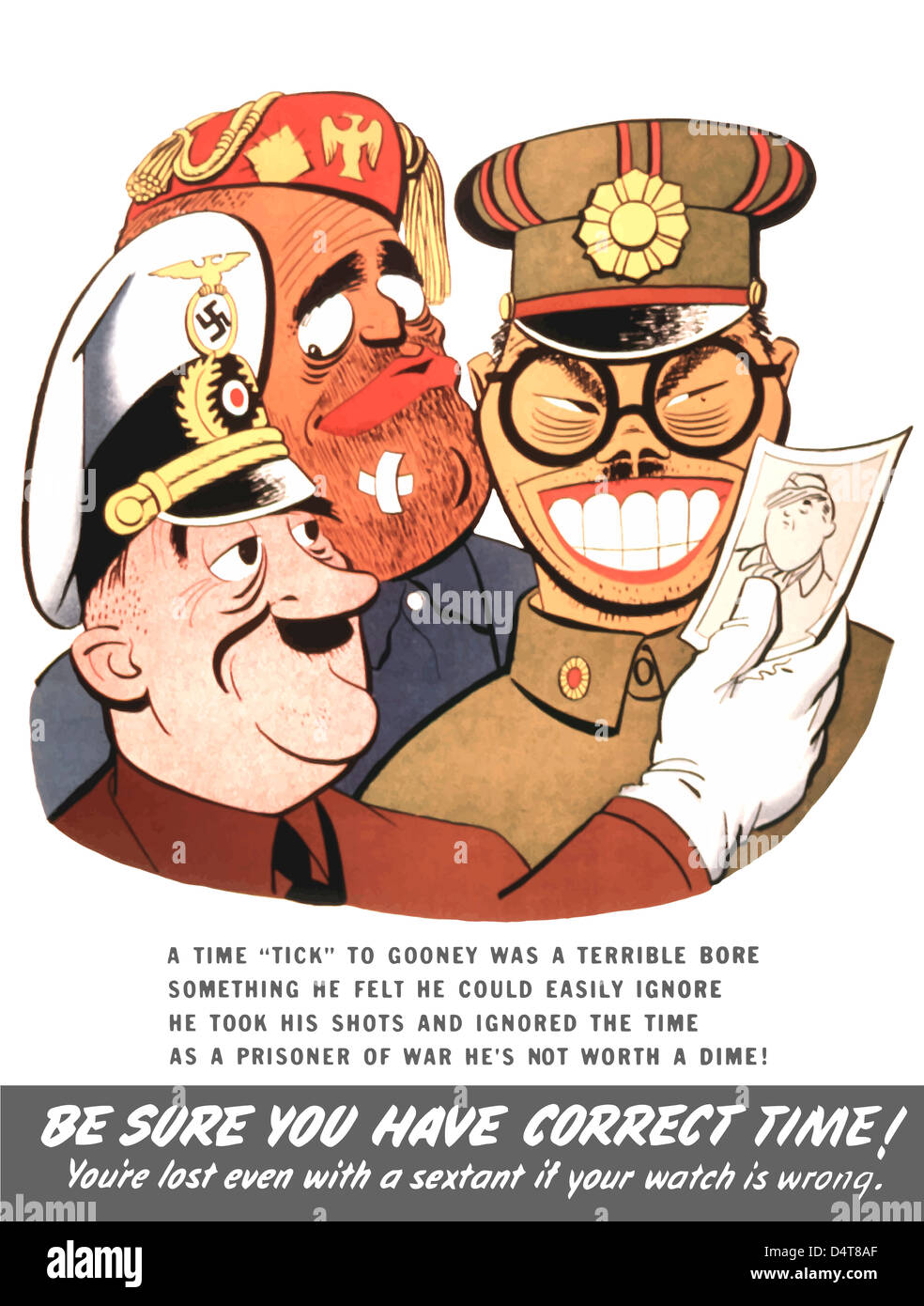 Vintage WW2 poster of caricatures of Benito Mussolini, Hideki Tojo, and Adolf Hitler. Stock Photo