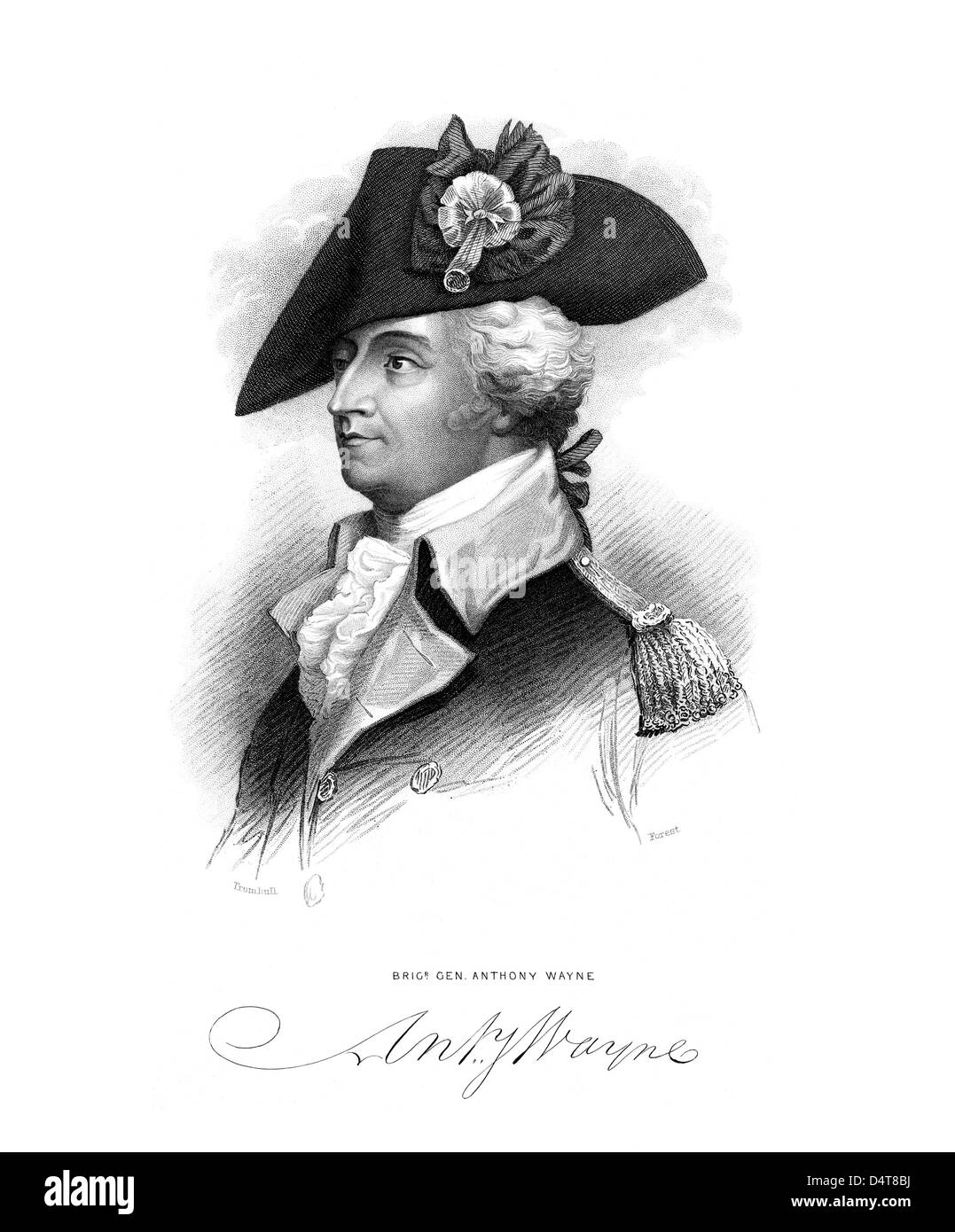 Revolutionary War portrait of General Mad Anthony Wayne and his signature. Stock Photo