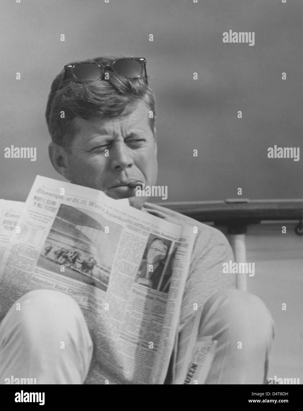 Digitally restored vintage photo of President John F. Kennedy relaxing