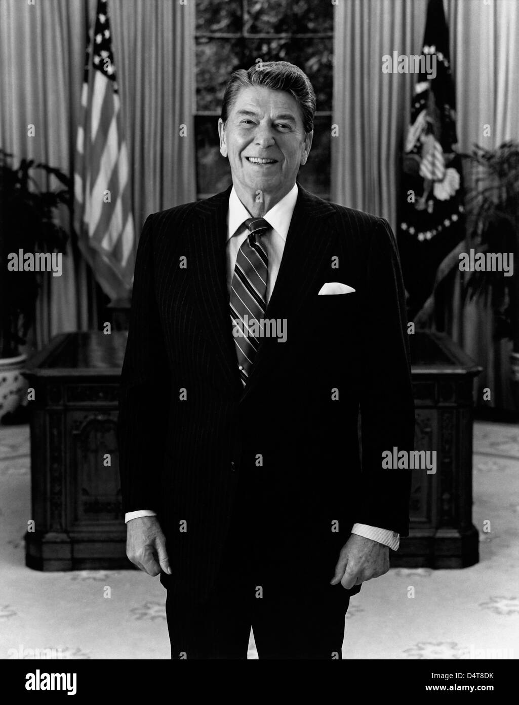 Digitally restored American history photo of President Ronald Reagan standing in the Oval Office. Stock Photo