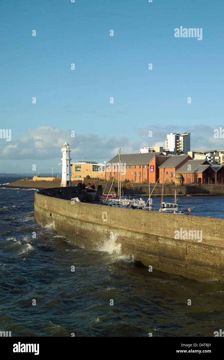 granton harbour port and pier with lighthouse in storm Stock Photo