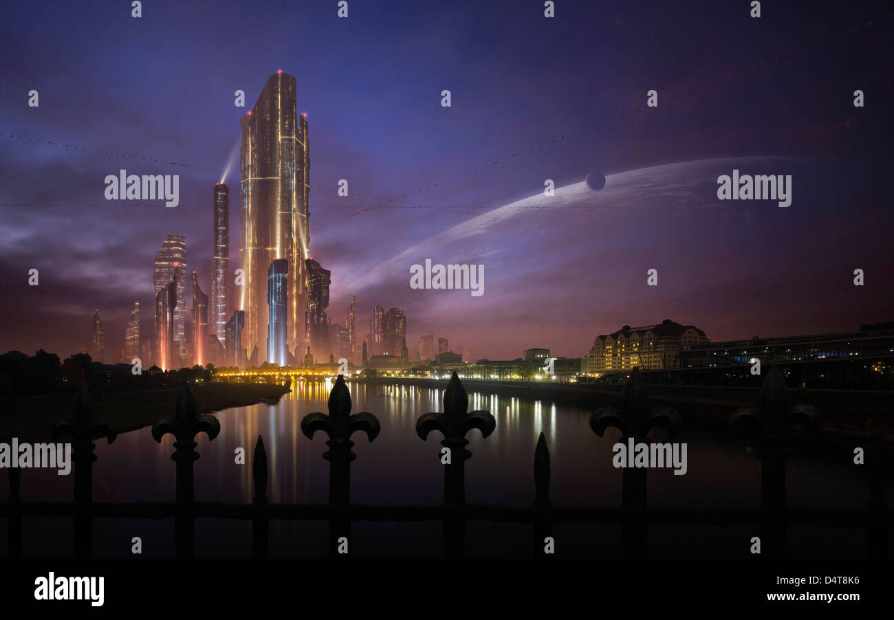 A futuristic city on an extraterrestrial planet in the morning. Stock Photo