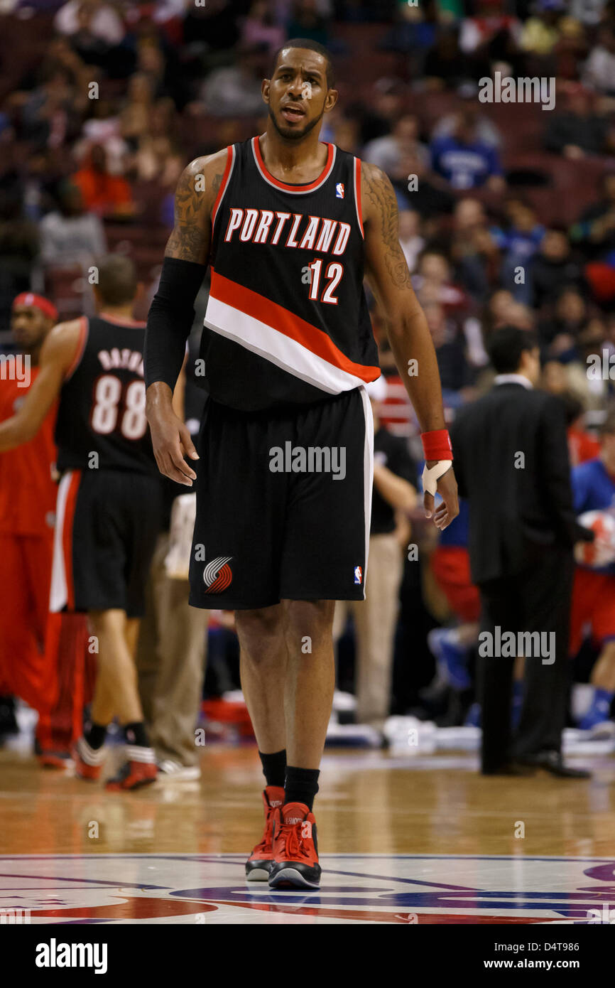 March 18, 2013: Portland Trail Blazers power forward LaMarcus Aldridge (12)  looks on during the NBA game between the Portland Trail Blazers and the  Philadelphia 76ers at the Wells Fargo Center in