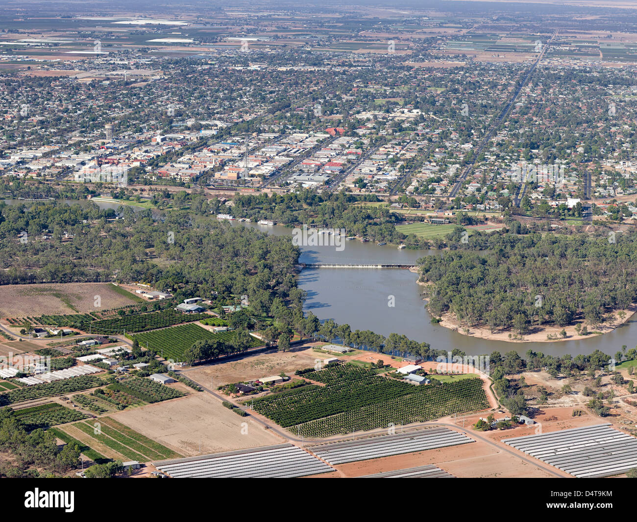 Irrigations farms, Buronga NSW, with Murray River, low level weir and