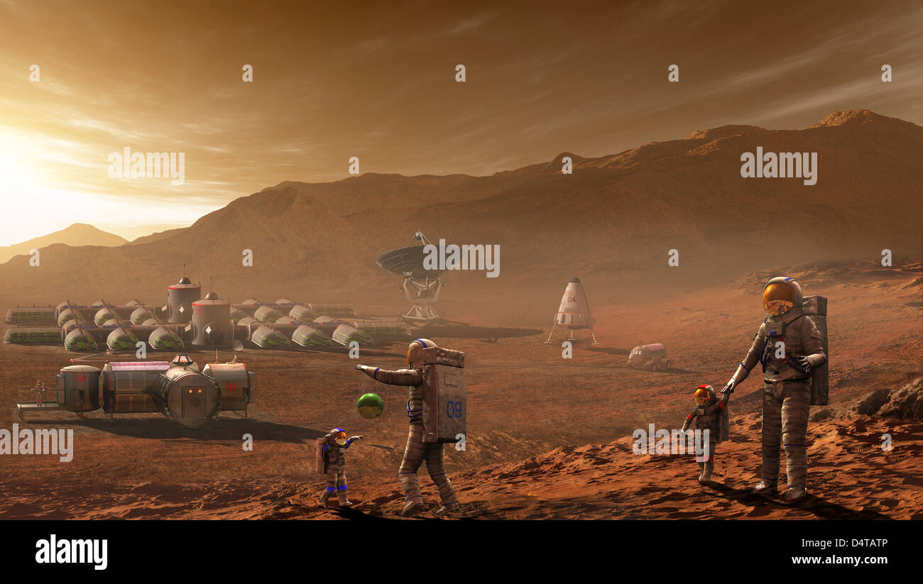 Future Mars colonists playing with children on Mars, a place they call home. Stock Photo