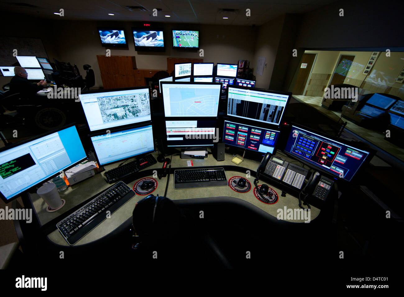 Control room center for emergency service dispatch. Stock Photo