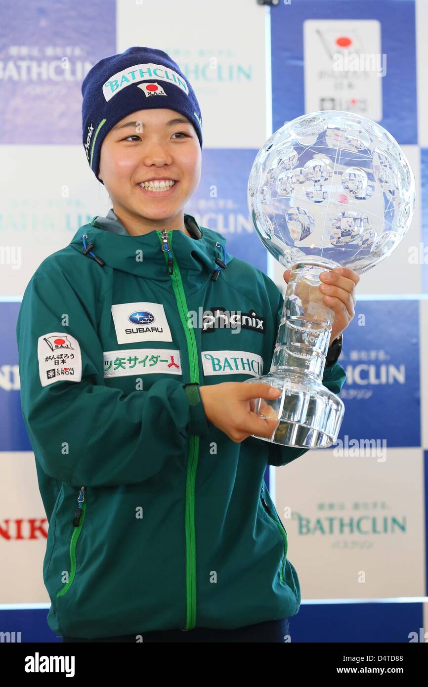 Sara Takanashi, MARCH 19, 2013 - Ski Jumping : Sara Takanashi poses with her Crystal Trophy for overall win in the women's ski jumping World Cup during a press conference in Chiba, Japan. (Photo by AFLO SPORT) Stock Photo