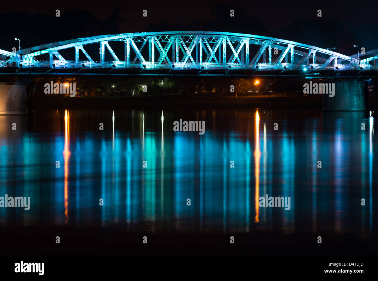 Panoramic view of Truong Tien Bridge in Hue City at night. Bridge
