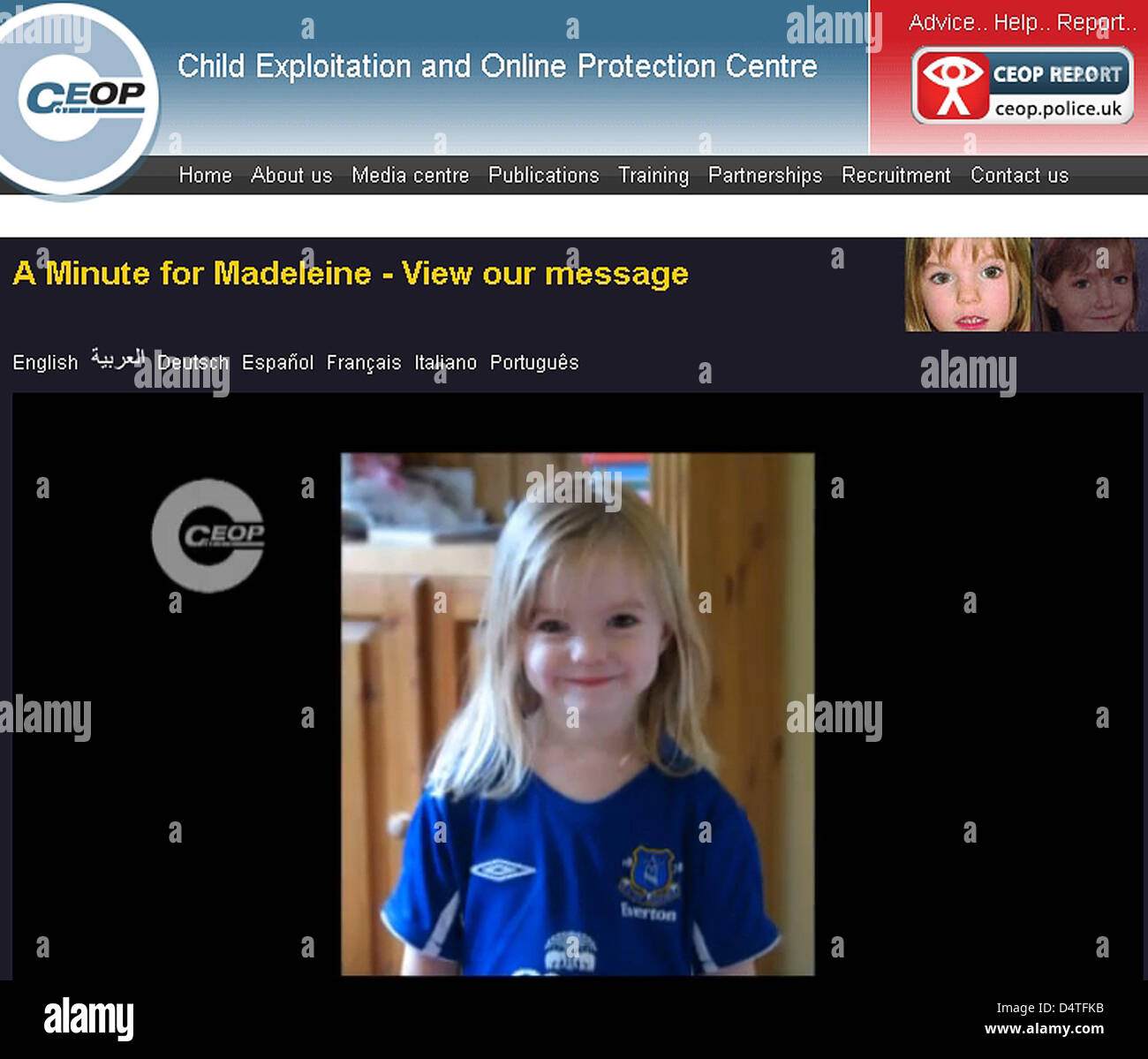 A handout screen shot taken from a video which was published by child protection organisation ?Child Exploitation and Online Protection (Ceop)? on 03 November 2009, shows missing British girl Madeleine McCann. Two-and-a-half-years after the girl?s disappearance in May 2007, the parents have started yet another public campaign to help find their daughter, of whom no further traces e Stock Photo