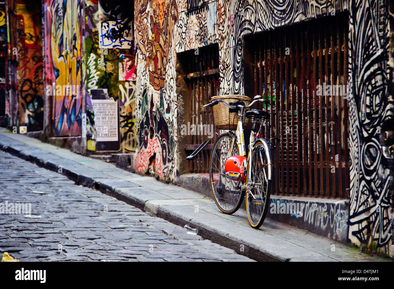 Melbourne's Hosier Lane is a celebrated landmark where legal street art decorates the walls. Stock Photo