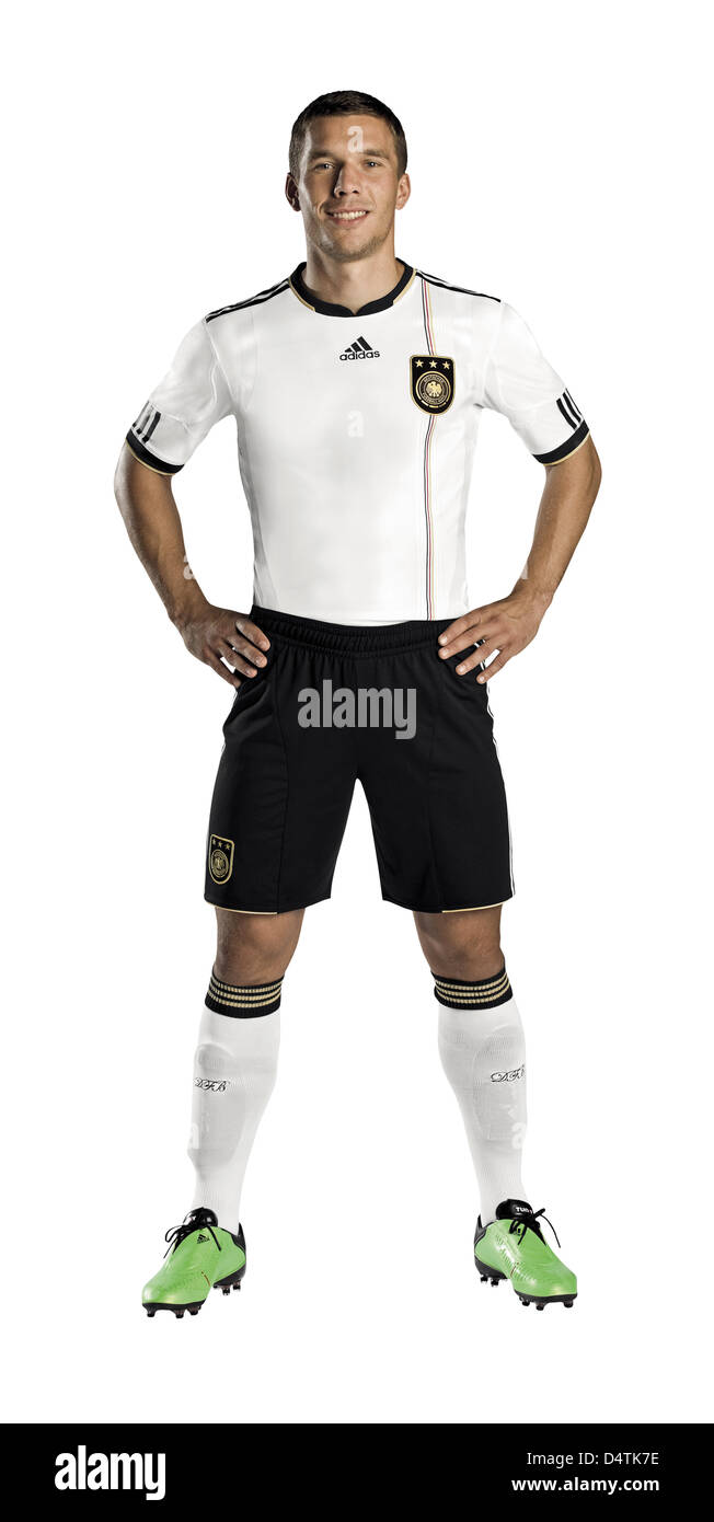 The undated handout picture shows German soccer international Lukas  Podolski in the new jersey of the German national soccer team for the FIFA  World Cup 2010 that will take place in South