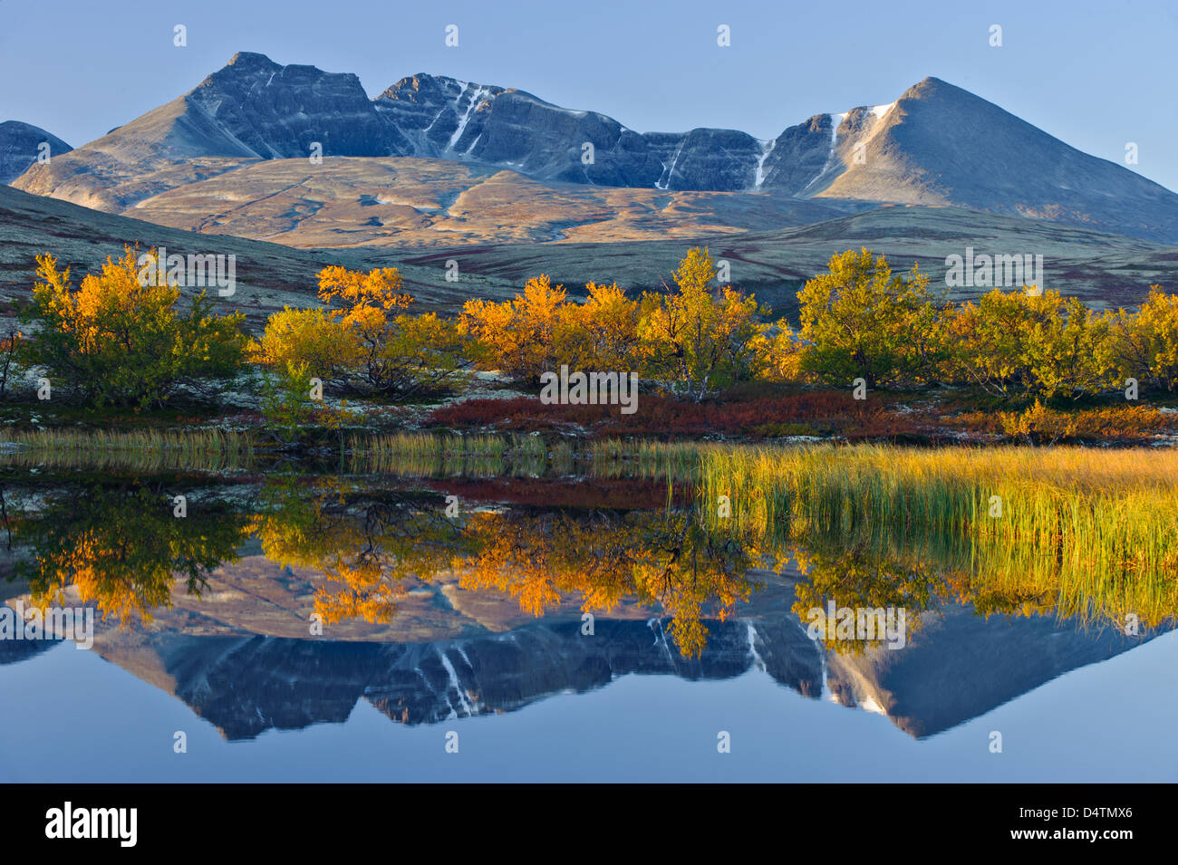 Reflection of Rondslottet mountain. Rondane National park, Norway, Europe Stock Photo