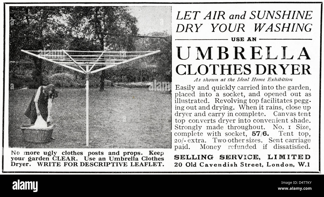Original 1920s period vintage advertisement print from English magazine  advertising UMBRELLA CLOTHES DRYER rotary line Stock Photo - Alamy