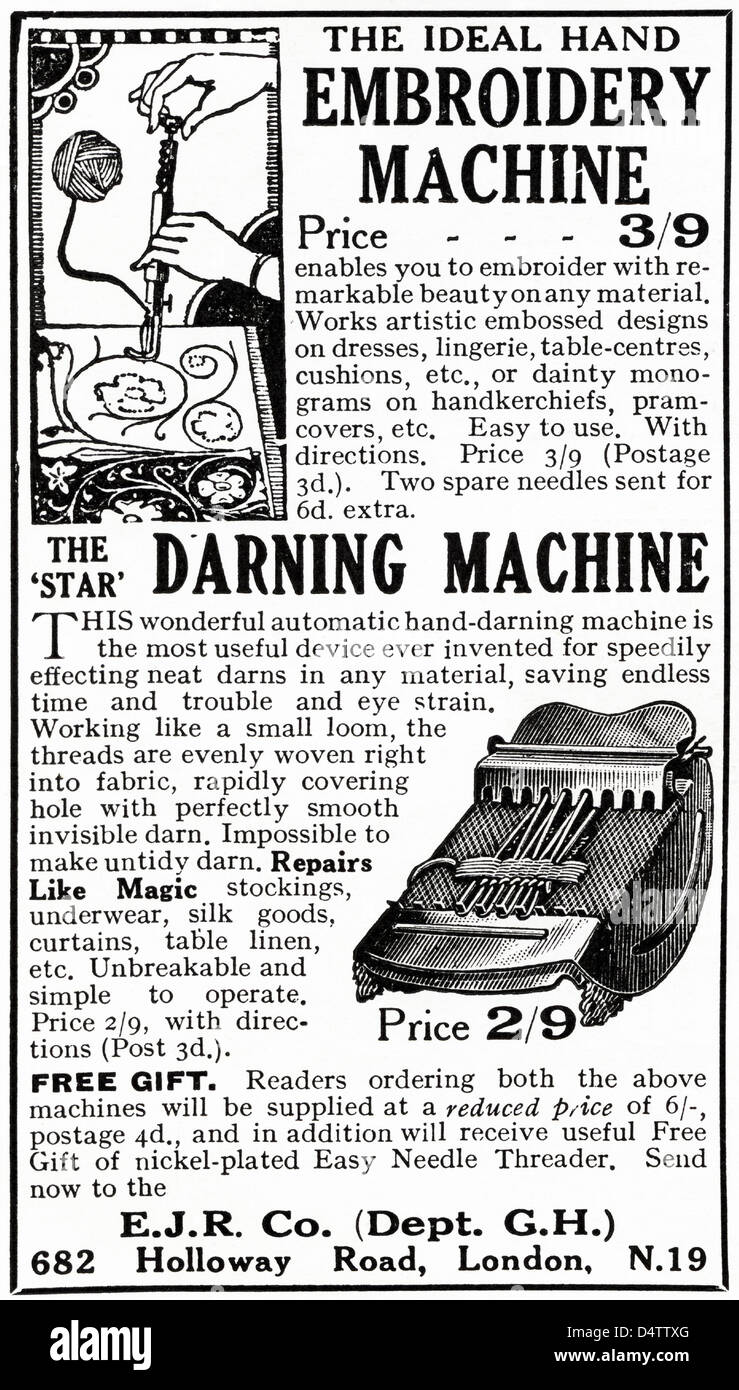 Original 1920s period vintage advertisement print from English magazine  advertising hand embroidery and darning machines Stock Photo - Alamy