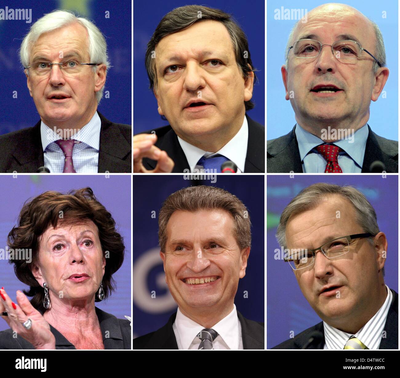 FILE - The file picture shows Jose Manuel Barroso (top C), president of the European Union, and the newls appointed EU commissioners, French Michel Barnier (top L-R) and Spanish Joaquín Almunia and Dutch Neelie Kroes (bottom L-R), German Prime Minister of Baden-Wuerttemberg Guenther Oettinger and Finnish Olli Rehn. Barroso appointed the new commissioners on 27 November 2009. Photo: Stock Photo