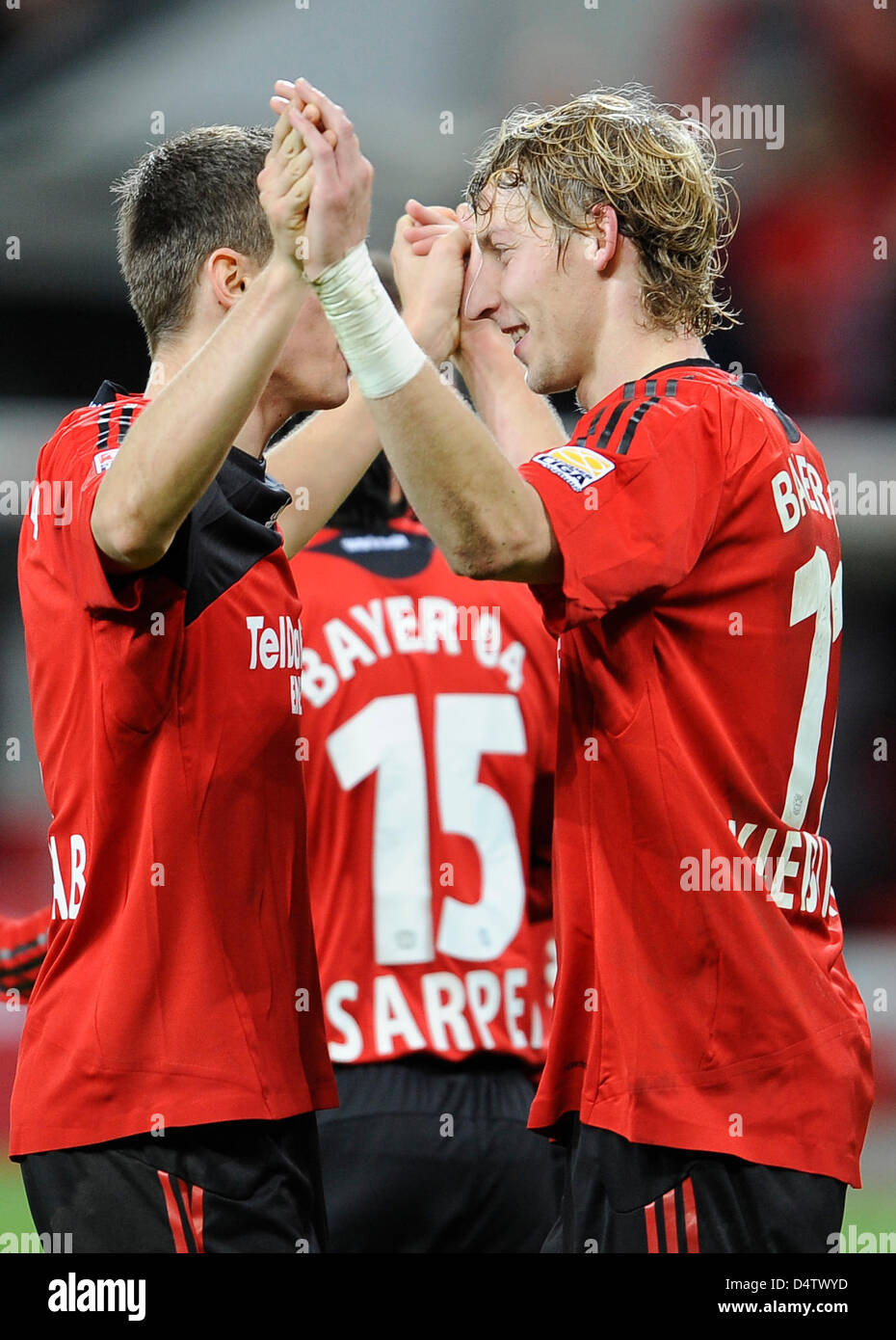 Leverkusens Goalgetter Stefan Kiessling R Cheers With His Teammate Toni Kroos After The 