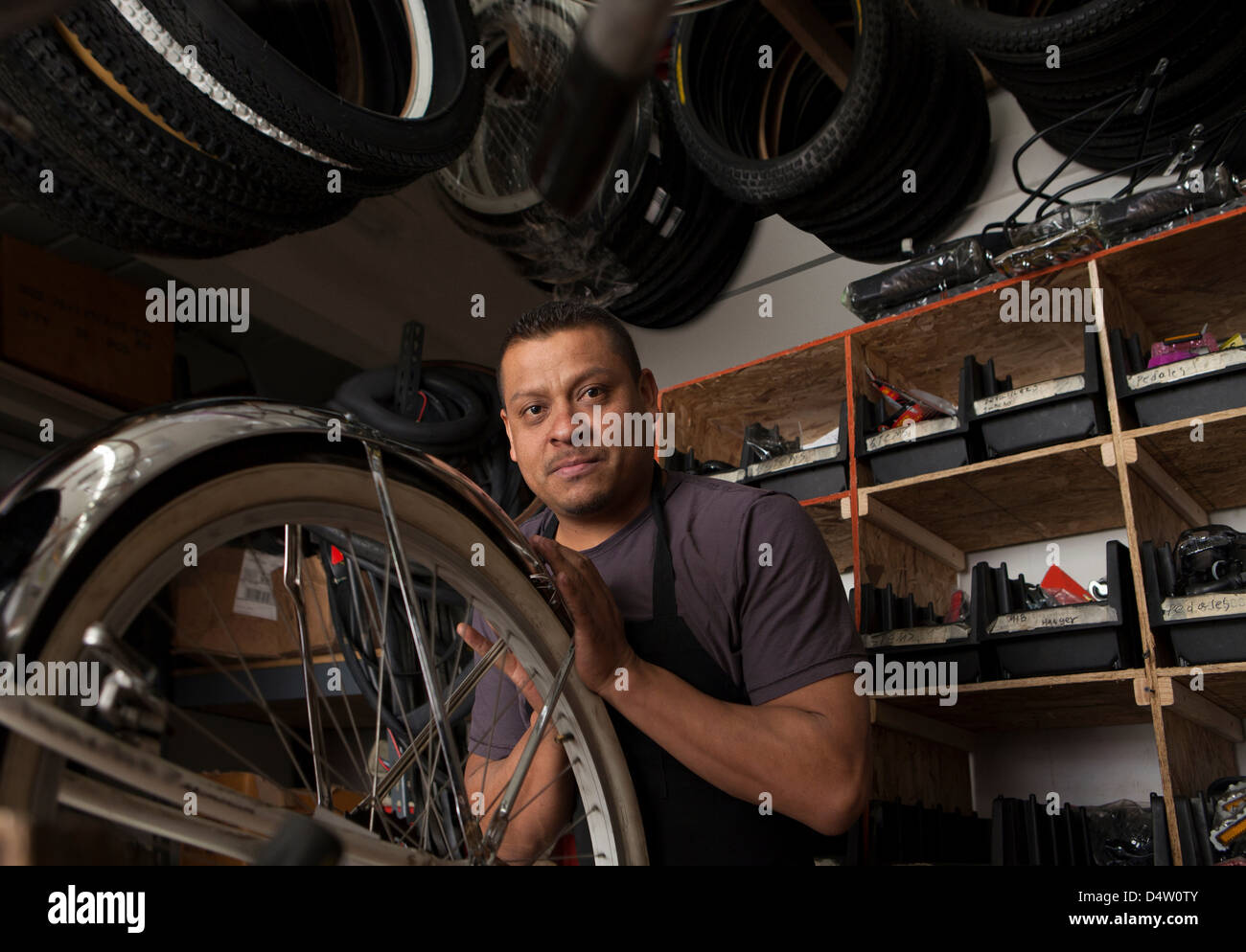 Mechanic working in bicycle shop Stock Photo