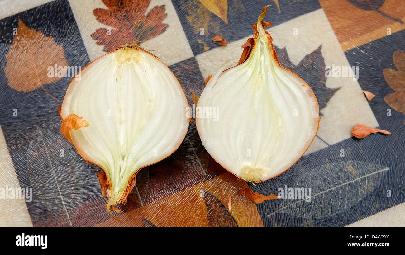 An onion cut in half on a kitchen chopping board Stock Photo - Alamy
