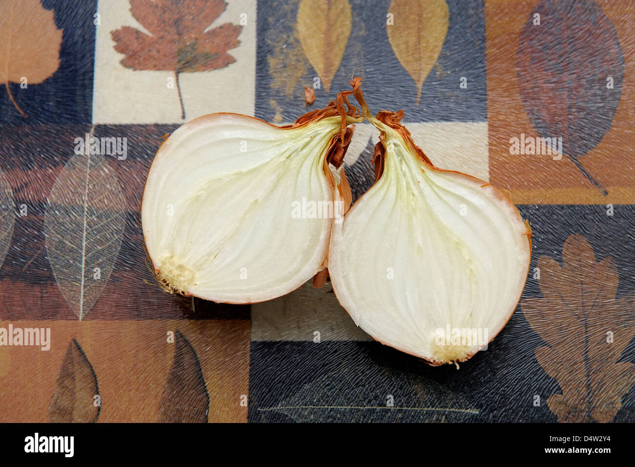 An onion cut in half on a kitchen chopping board Stock Photo - Alamy