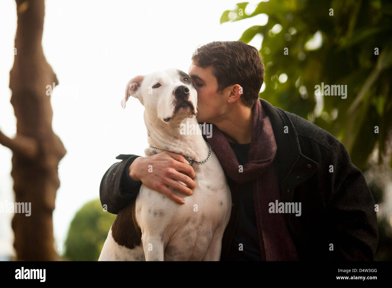 Man kissing dog outdoors Stock Photo
