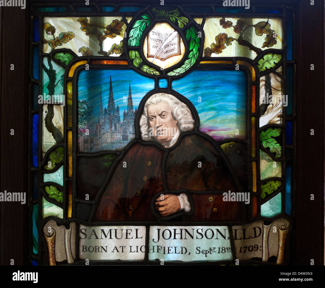 Dr. Samuel Johnson stained glass portrait in his house at Gough Square, Central London, England UK  KATHY DEWITT Stock Photo