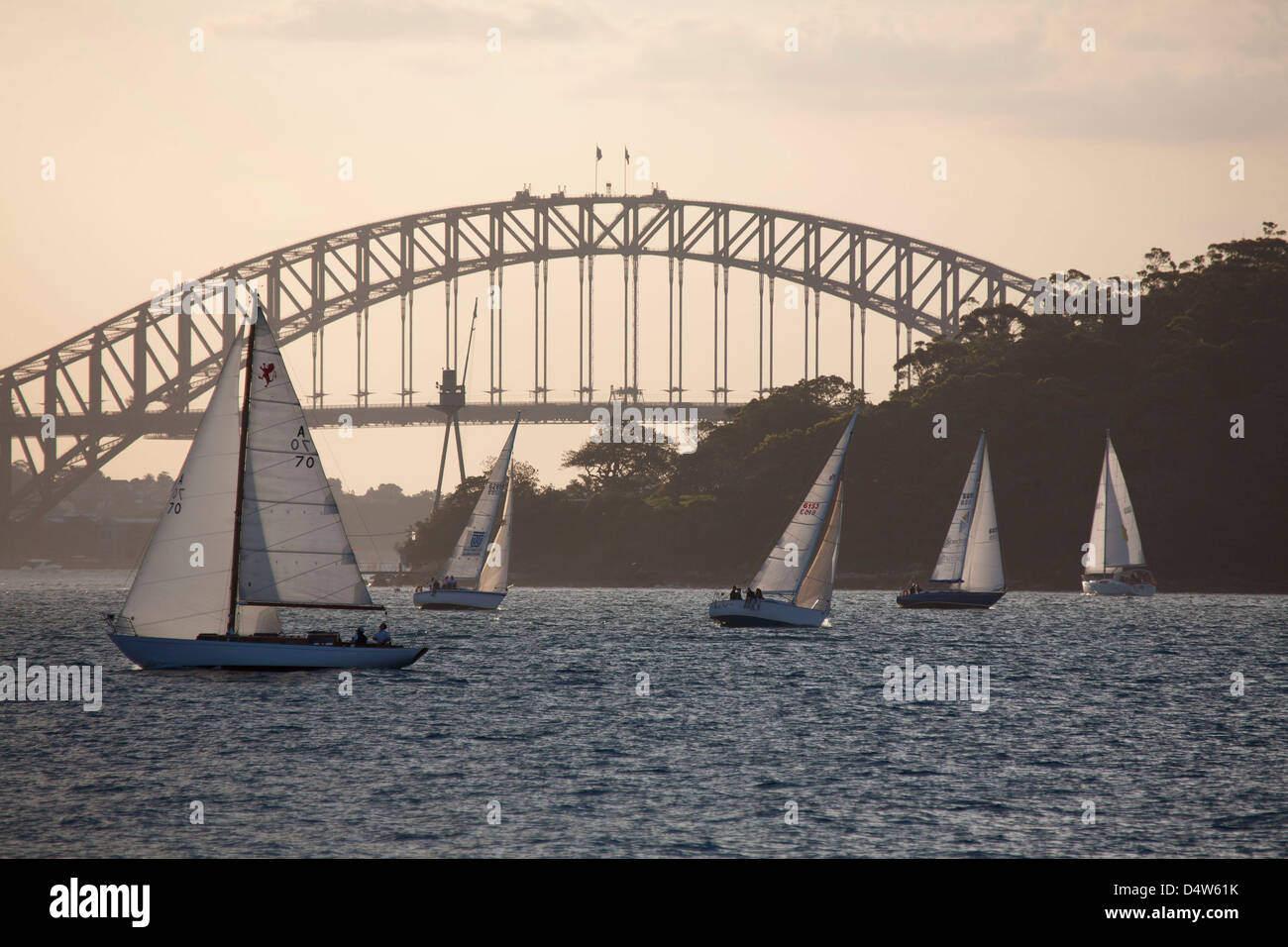 Yachting regatta held in front of the iconic Sydney Harbour Bridge Sydney Australia in late afternoon light. Stock Photo