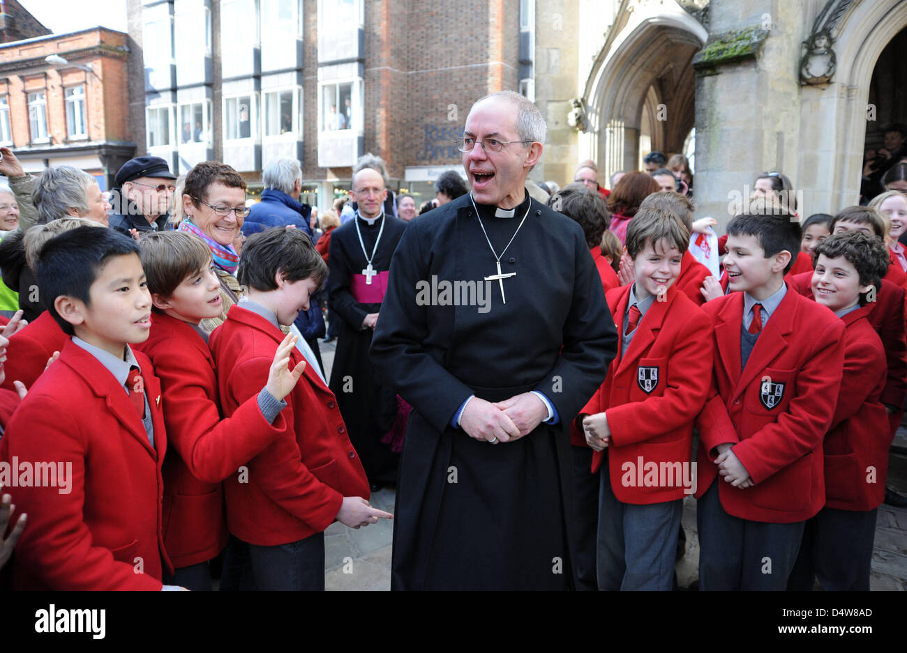 Chichester, Sussex, UK. 19th March 2013.  The Archbishop of Canterbury Justin Welby during a walkabout around Chichester today where he as visiting Chichester Cathedral as part of a tour of Britain before he his enthroned on Thursday . here he meets pupils from the Prebendal School Stock Photo