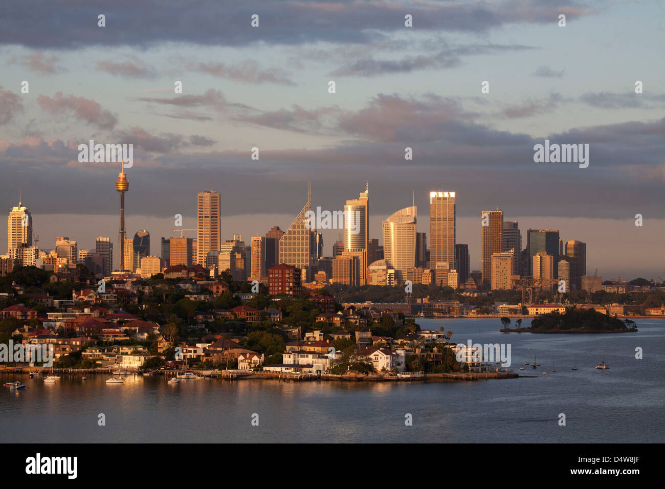 Early morning view of Sydney CBD Skyline with residential Point Piper and Rose Bay in foreground Sydney Australia Stock Photo