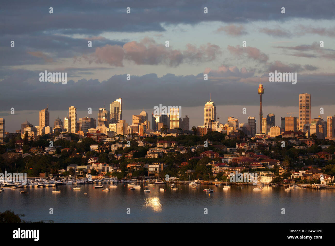 Early morning view of Sydney CBD Skyline with residential Point Piper and Rose Bay in foreground Sydney Australia Stock Photo