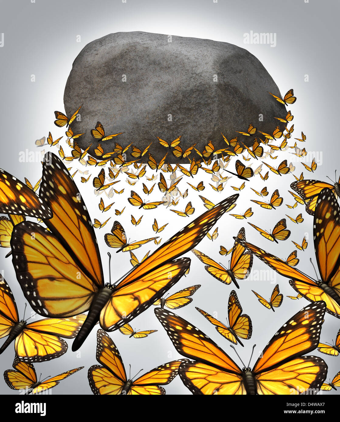 Group strength and the power of working together as a business concept with a team of monarch butterflies forming a solid organised partnership to overcome the challenge of lifting a heavy rock boulder up in the air. Stock Photo