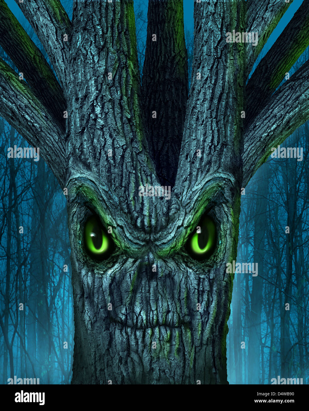 Haunted tree with a mythical dark forest and an evil plant shaped as a demon spirit skull face as a halloween or ghost related concept of monsters and imaginary creatures from folklore. Stock Photo