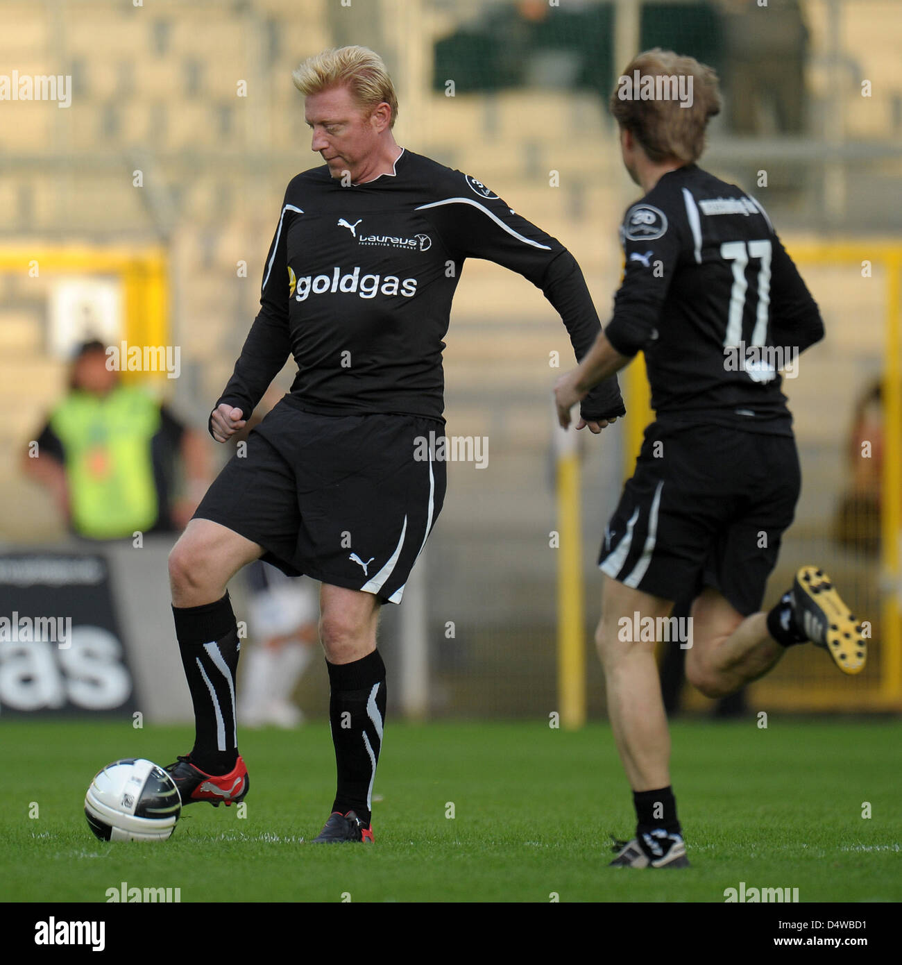 Former German tennis pro Boris Becker participates in a charitable soccer match organised by the Laureus Sport for Good foundation at the Carl-Benz-Stadium in Mannheim, Germany, 23 September 2010. Photo: Ronald Wittek Stock Photo