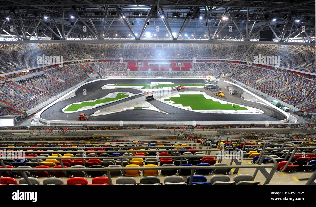 A race track is built into Esprit Arena in Duesseldorf, Germany, 22  November 2010. The reconstruction phase for the Race of Champions is still  going on and the race will take place