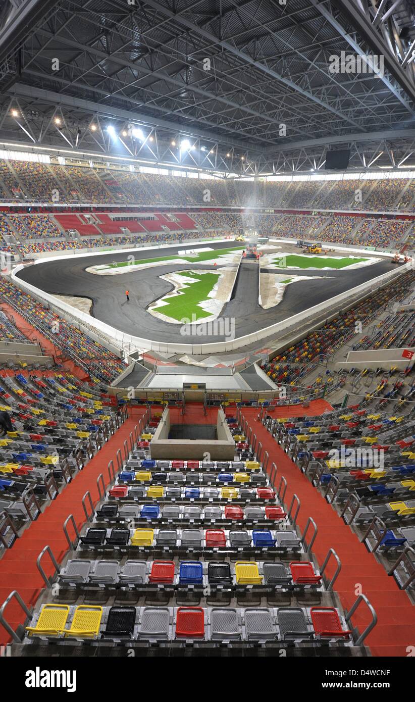 A race track is built into Esprit Arena in Duesseldorf, Germany, 22  November 2010. The reconstruction phase for the Race of Champions is still  going on and the race will take place