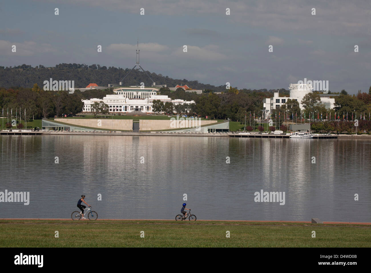 Provisional Parliament House and Capital Hill over Lake Burley Griffin on a sunny Autumn Day Canberra Australia Stock Photo