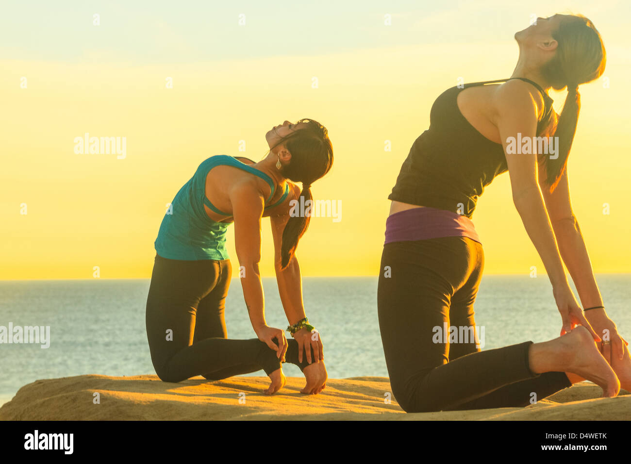Women practicing yoga on rock formation Stock Photo Alamy