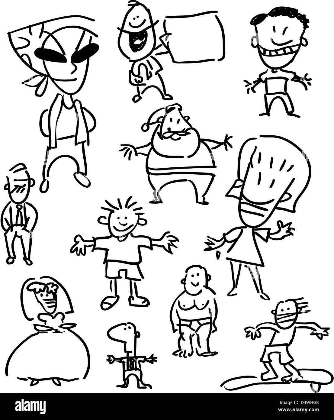 Set Of People Simple Cartoon Drawings Back And White